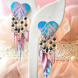 Dyed Abalone Heart Dangle Earrings Beaded Chandelier Multicolor